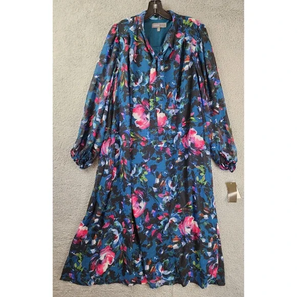 Donna Ricco | Dresses | Donna Ricco Floral Tie Neck Midi Dress Womens 4  Teal Multi Pullover Lined Ls | Poshmark
